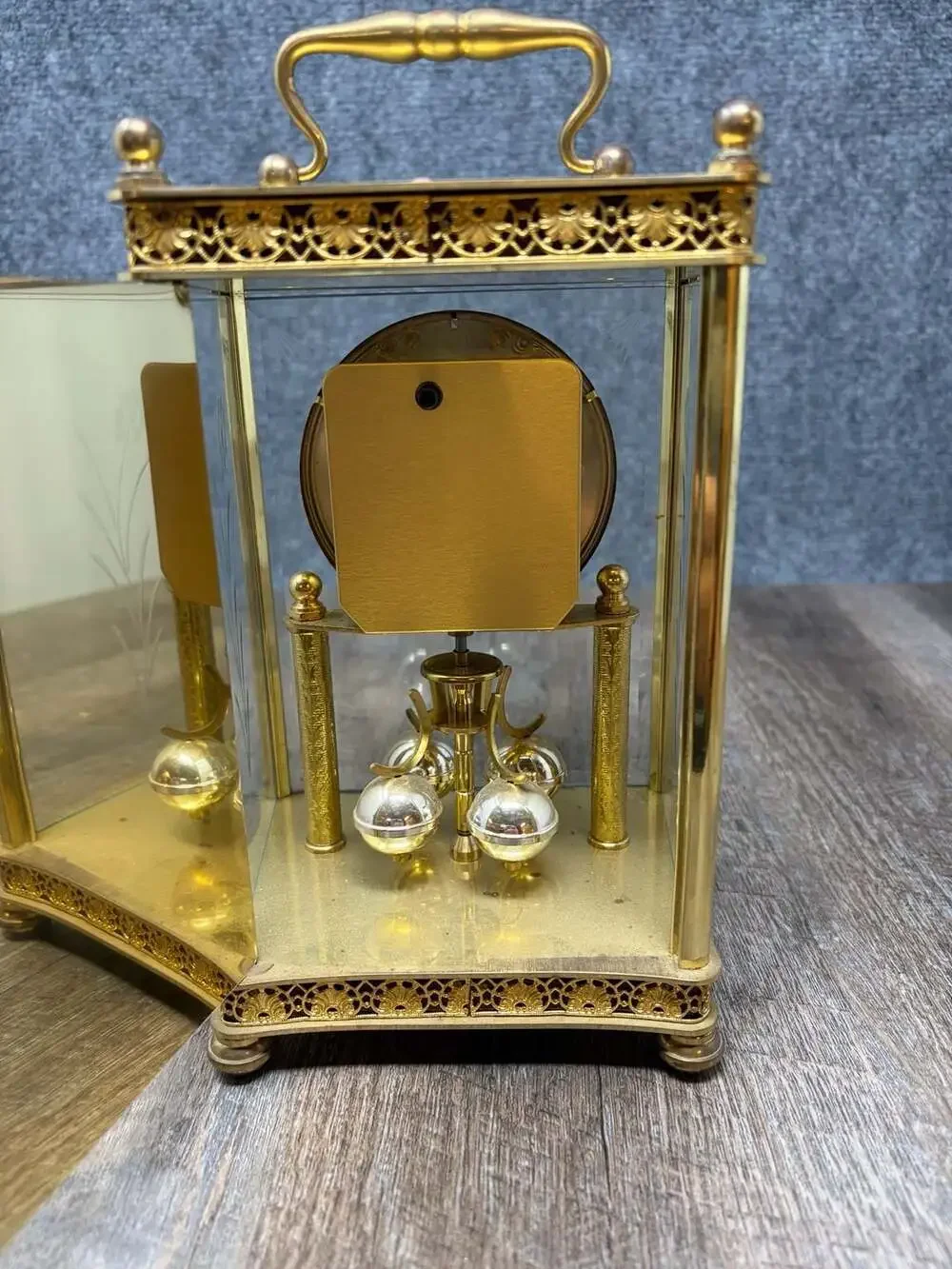 Haller Quartz Anniversary Mantel Clock Rotating Pendulum Glass brass W. Germany